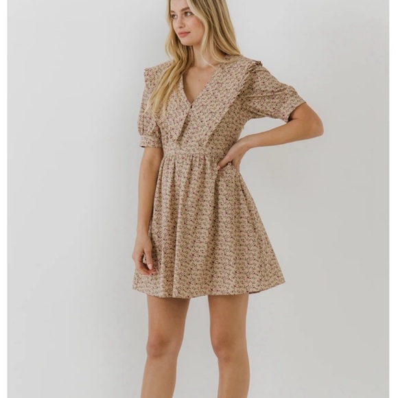 English Factory Statement Collared Mini Dress in Brown Floral - Picture 3 of 7